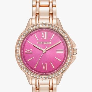 Steve Madden Rose Gold Bracelet Watch with Pink Dial and Crystal Bezel